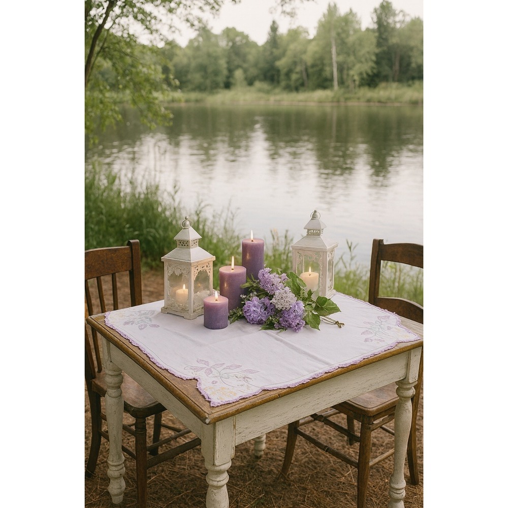 Vintage Embroidered Tablecloth Purple Flower Crochet‎ Edge Accent Decor #12